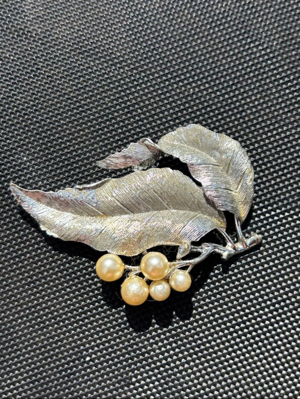 Sarah Coventry Silver-Tone Leaf Brooch with Champagne Pearl Berries